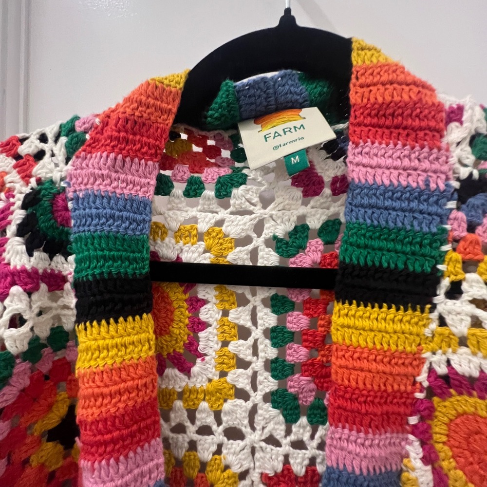 Farm Rio Rainbow Granny Square Crochet Cardigan Multicolor Boho NWT Medium - Picture 2 of 4